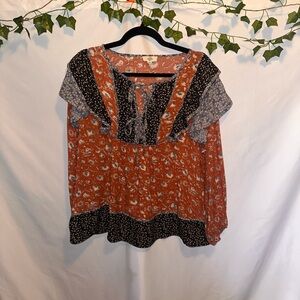entro Patchwork Floral Ruffled Peasant Blouse - Rust & Black